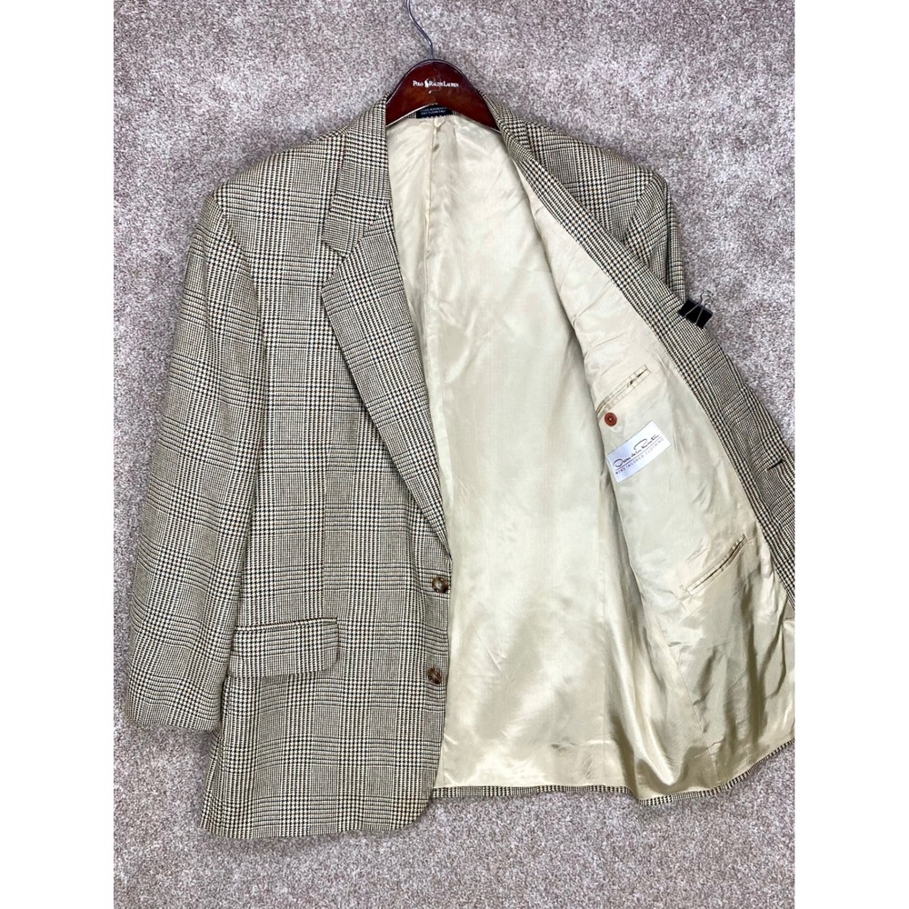 Oscar de la Renta Glen Plaid Blazer Sport Coat Mens 42R Tan Two Button Business